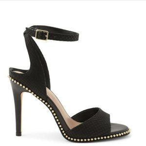 BCBG Jaxina Snakeskin Embrossed Leather Sandal Black 7